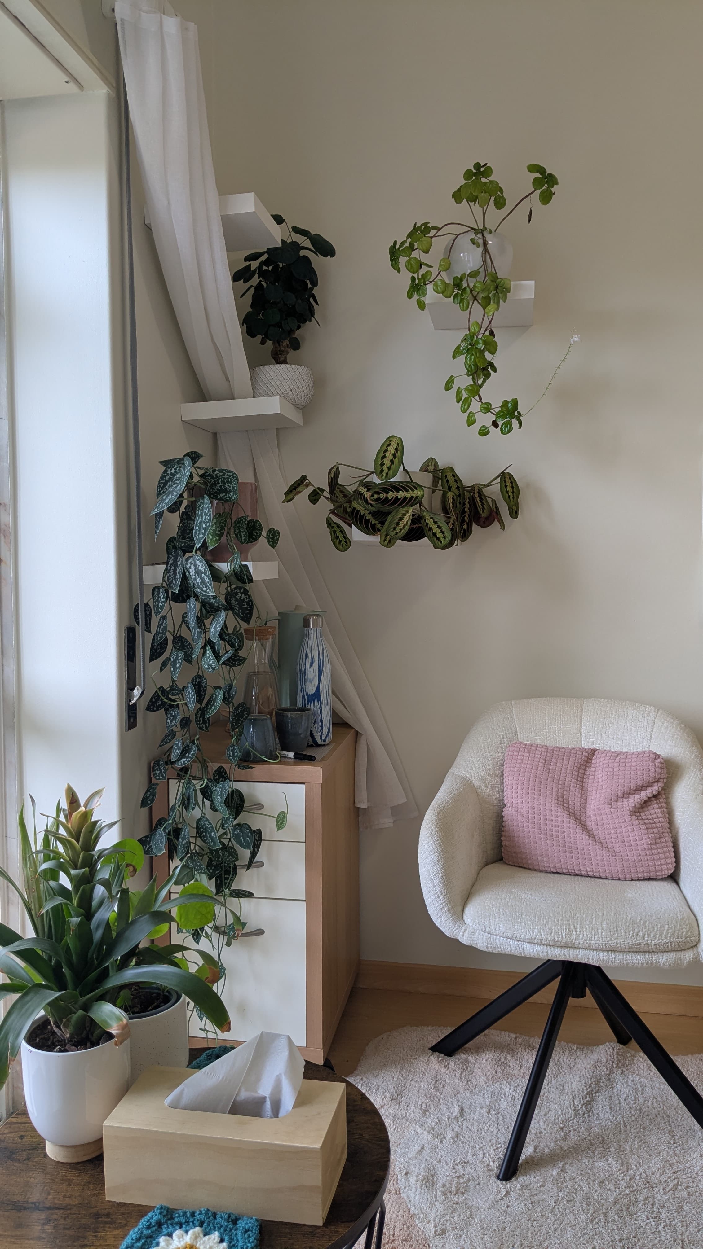 Therapy room with natural light, a comfortable armchair and plants
